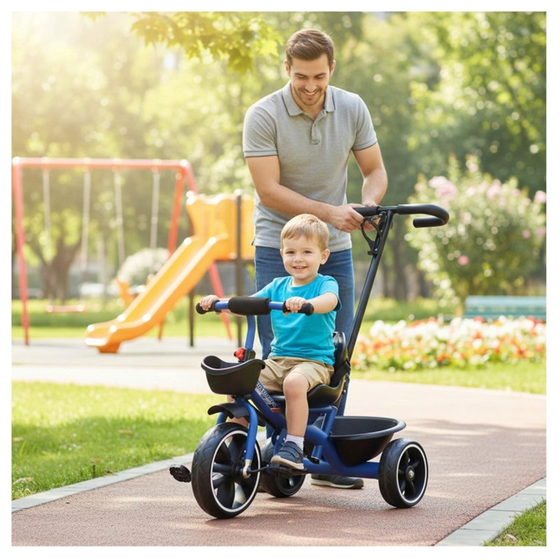 TRICICLO INFANTIL MANGO DE EMPUJE ALTO ASIENTO GRANDE AZUL - 3