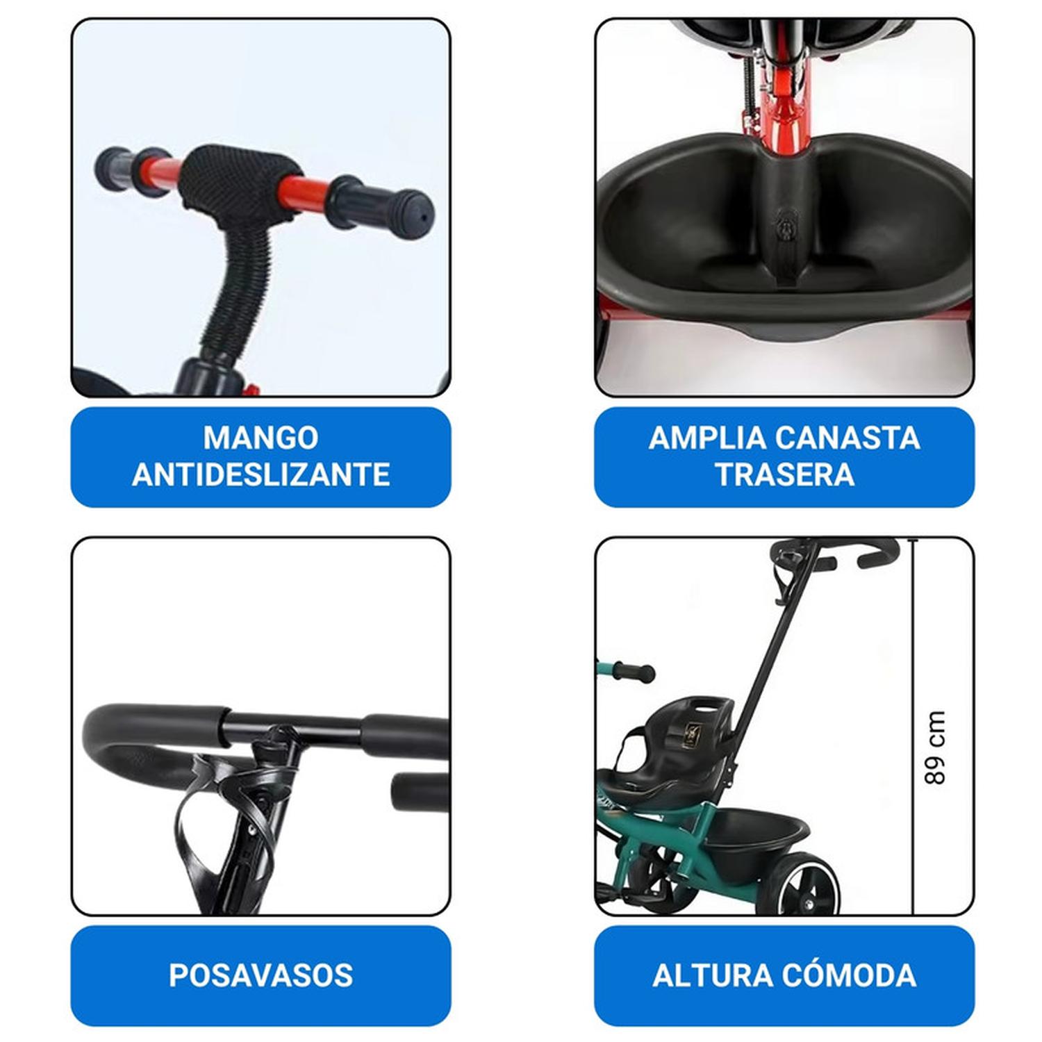 TRICICLO INFANTIL MANGO DE EMPUJE ALTO ASIENTO GRANDE AZUL - 4