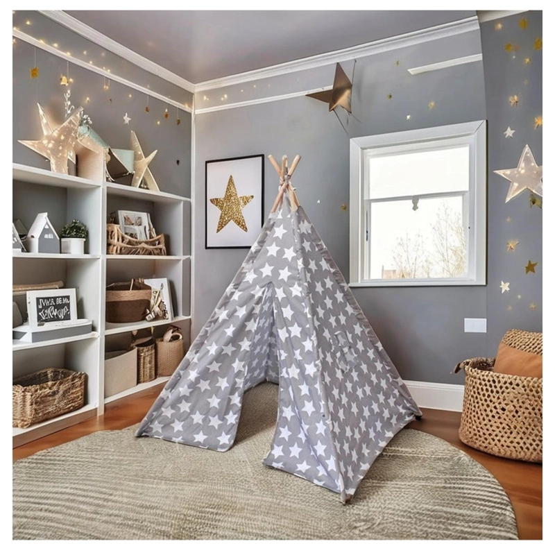 CARPA TIPI NIÑOS INFANTIL 160 CM ESTRELLAS GRIS DECORACION - 4