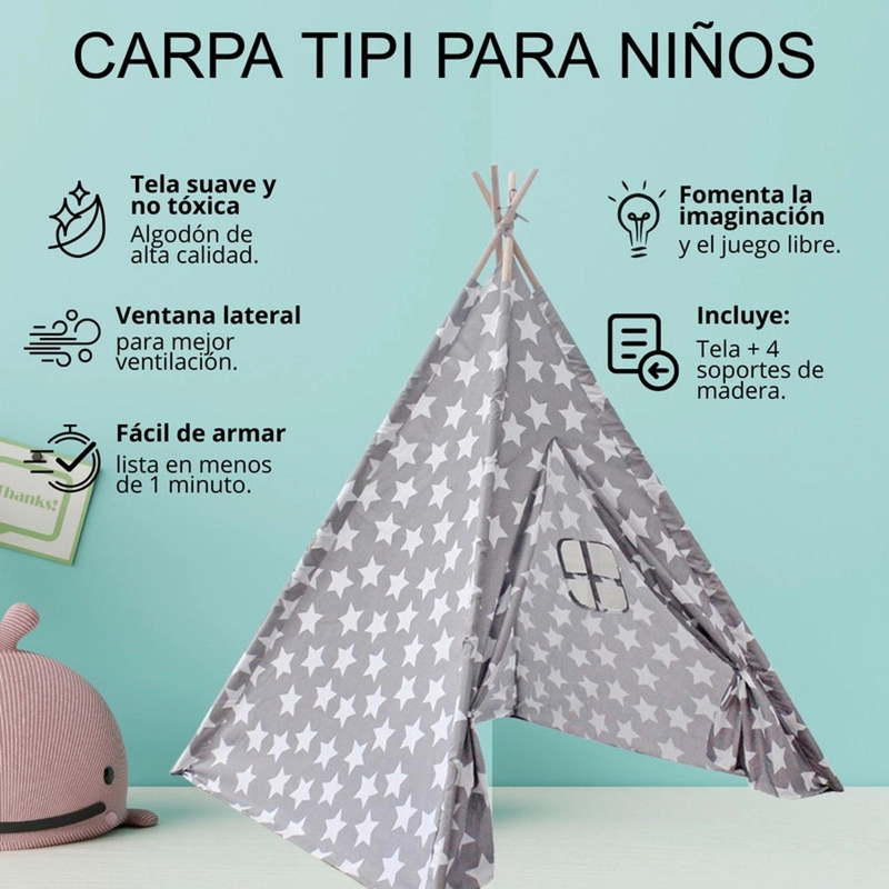 CARPA TIPI NIÑOS INFANTIL 160 CM ESTRELLAS GRIS DECORACION - 5
