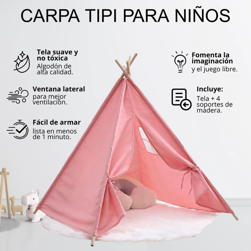 CARPA TIPI NIÑOS INFANTIL 160 CM ROSADA JUGUETE DECORACION - 4