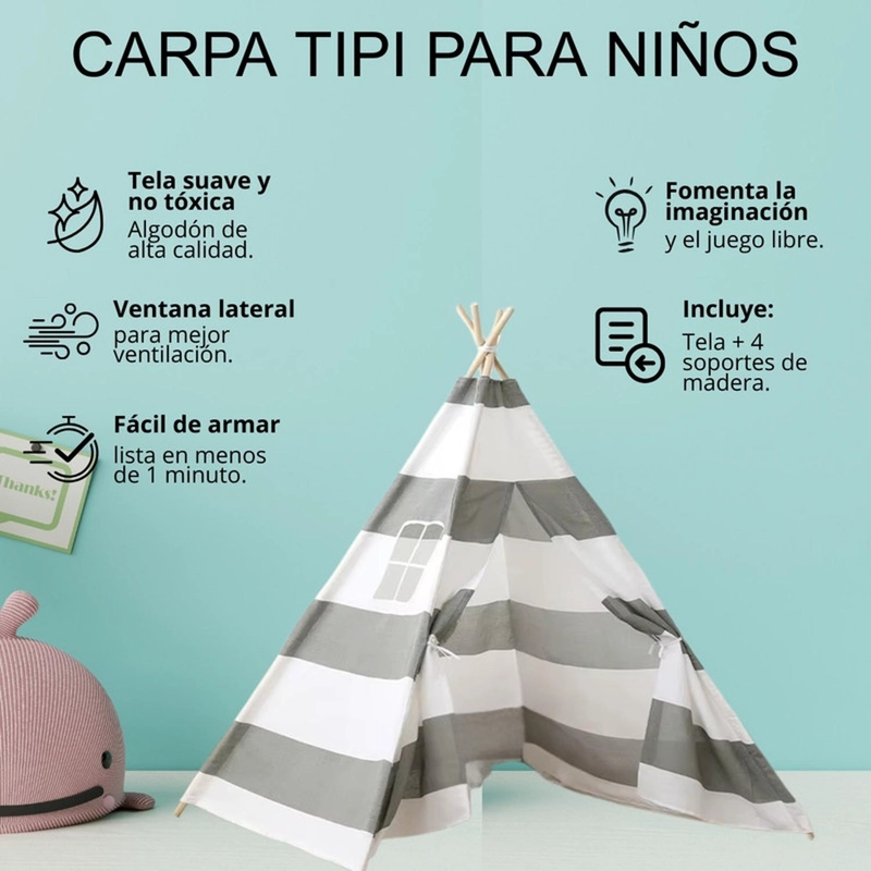 CARPA TIPI NIÑOS INFANTIL 160 CM RAYAS GRIS DECORACION - 3