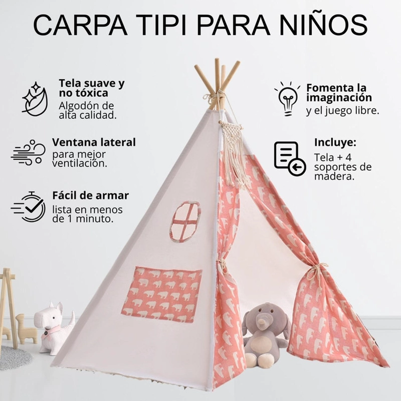 CARPA TIPI NIÑOS INFANTIL 160 CM OSO ROSADOS DECORACION - 4