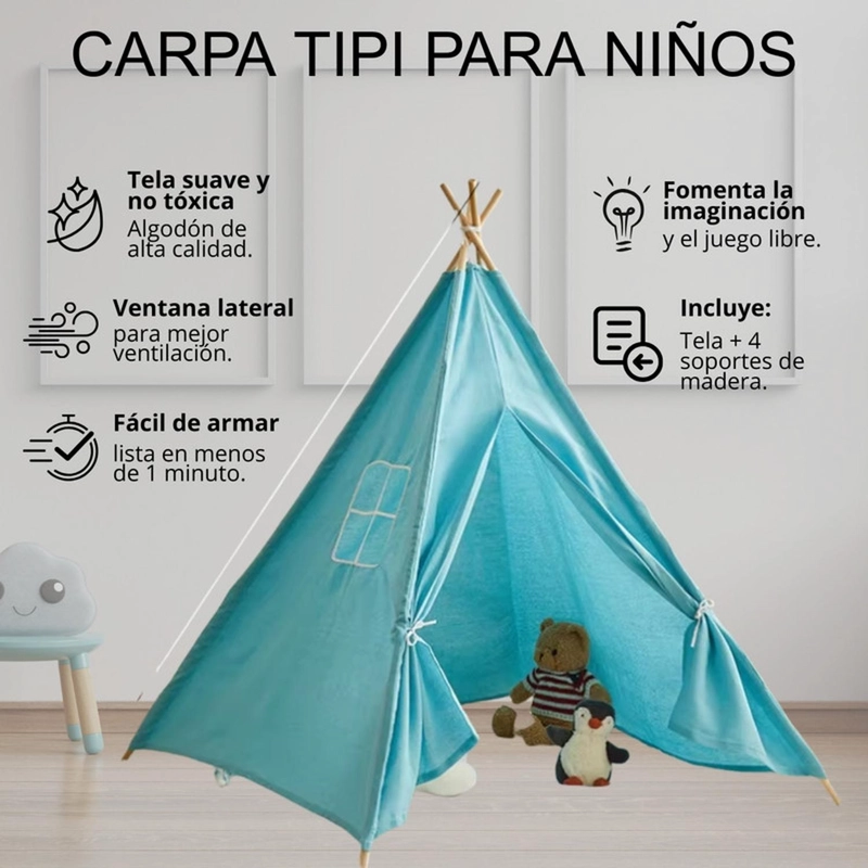 CARPA TIPI NIÑOS INFANTIL 160 CM CELESTE JUGUETE DECORACION - 4