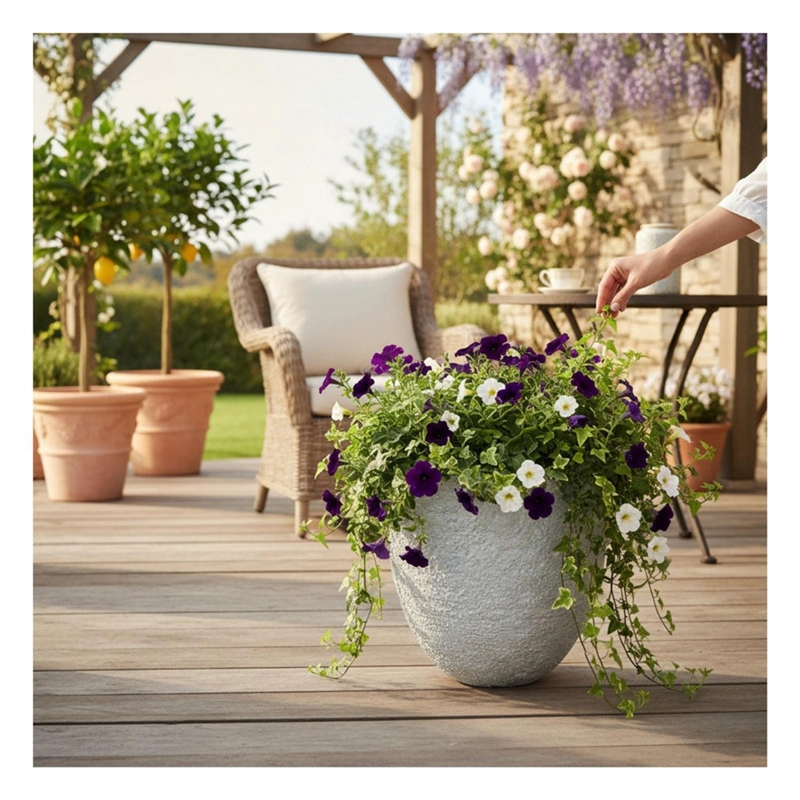 MACETERO DECORATIVO SIMIL PIEDRA GRIS JARDIN TERRAZA - 4