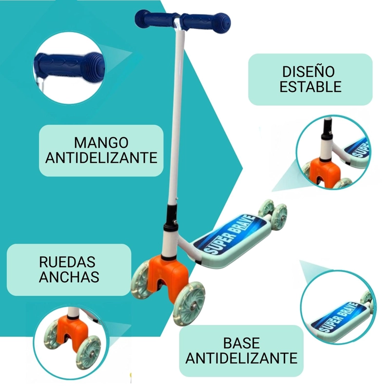 SCOOTER INFANTIL 4 RUEDAS AJUSTABLE NIÑO ESTABLE AZUL - 3