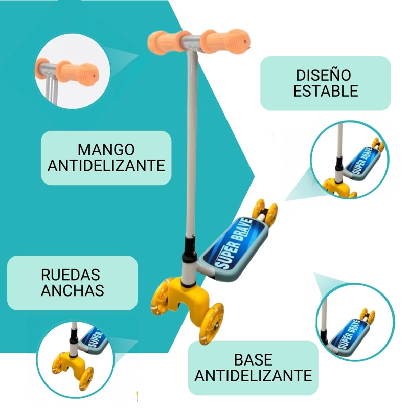 SCOOTER INFANTIL 4 RUEDAS AJUSTABLE NIÑO ESTABLE CELESTE - 3
