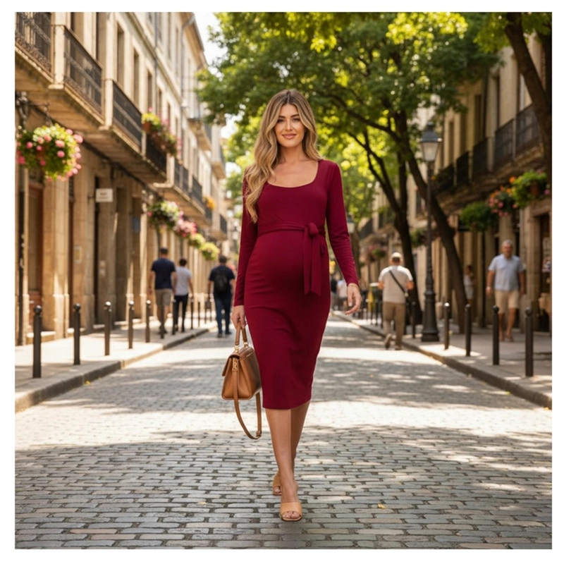 VESTIDO MATERNIDAD MANGA LARGA CON LAZO ROJO EMBARAZADA - 2