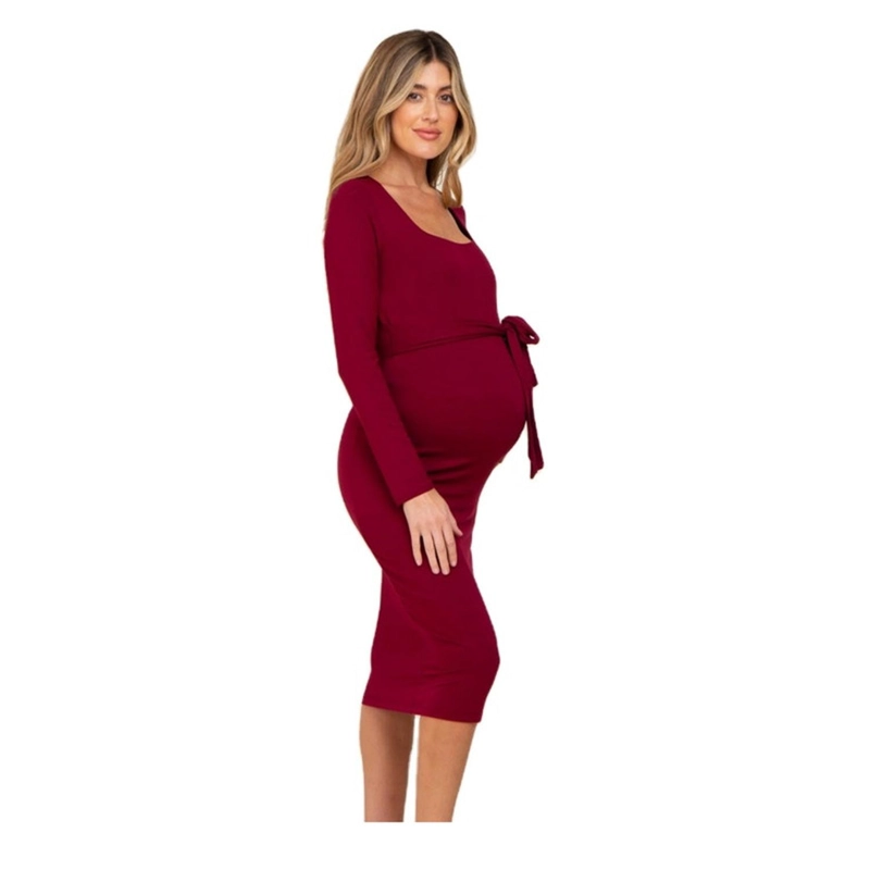 VESTIDO MATERNIDAD MANGA LARGA CON LAZO ROJO EMBARAZADA - 3