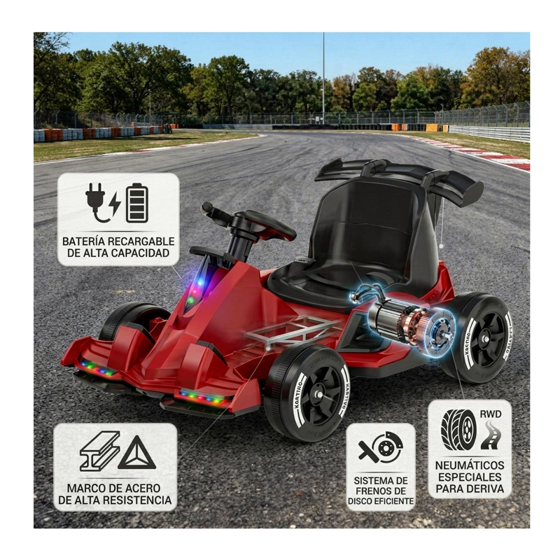AUTO ELE CTRICO GO KART INFANTIL BATERIA CARRERA TURBO ROJO - 4