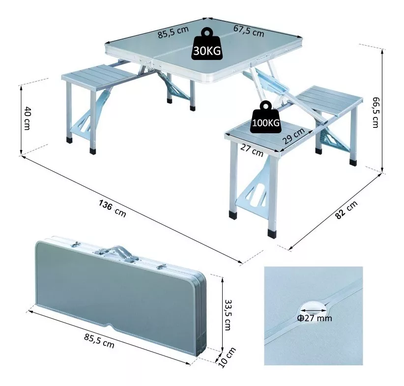 MESA ALUMINIO PLEGABLE CAMPING PICNIC MALETA 4 ASIENTOS - 5