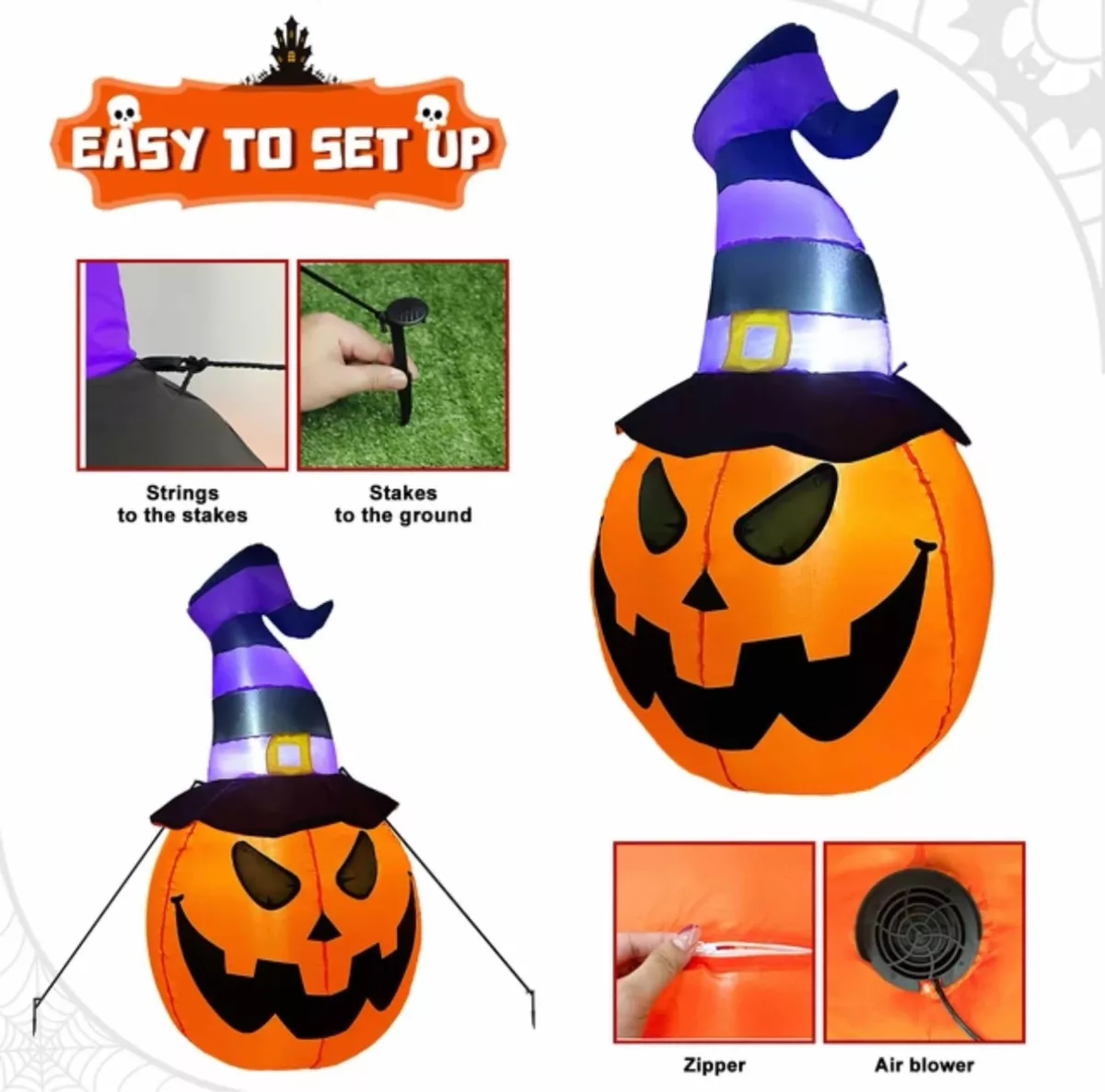 CALABAZA HALLOWEEN INFLABLE LED GIGANTE SOMBRERO BRUJA 180CM - 3