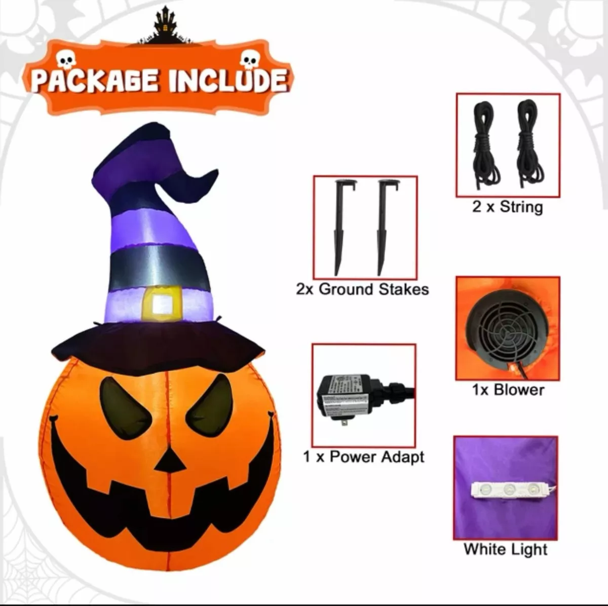 CALABAZA HALLOWEEN INFLABLE LED GIGANTE SOMBRERO BRUJA 180CM - 4