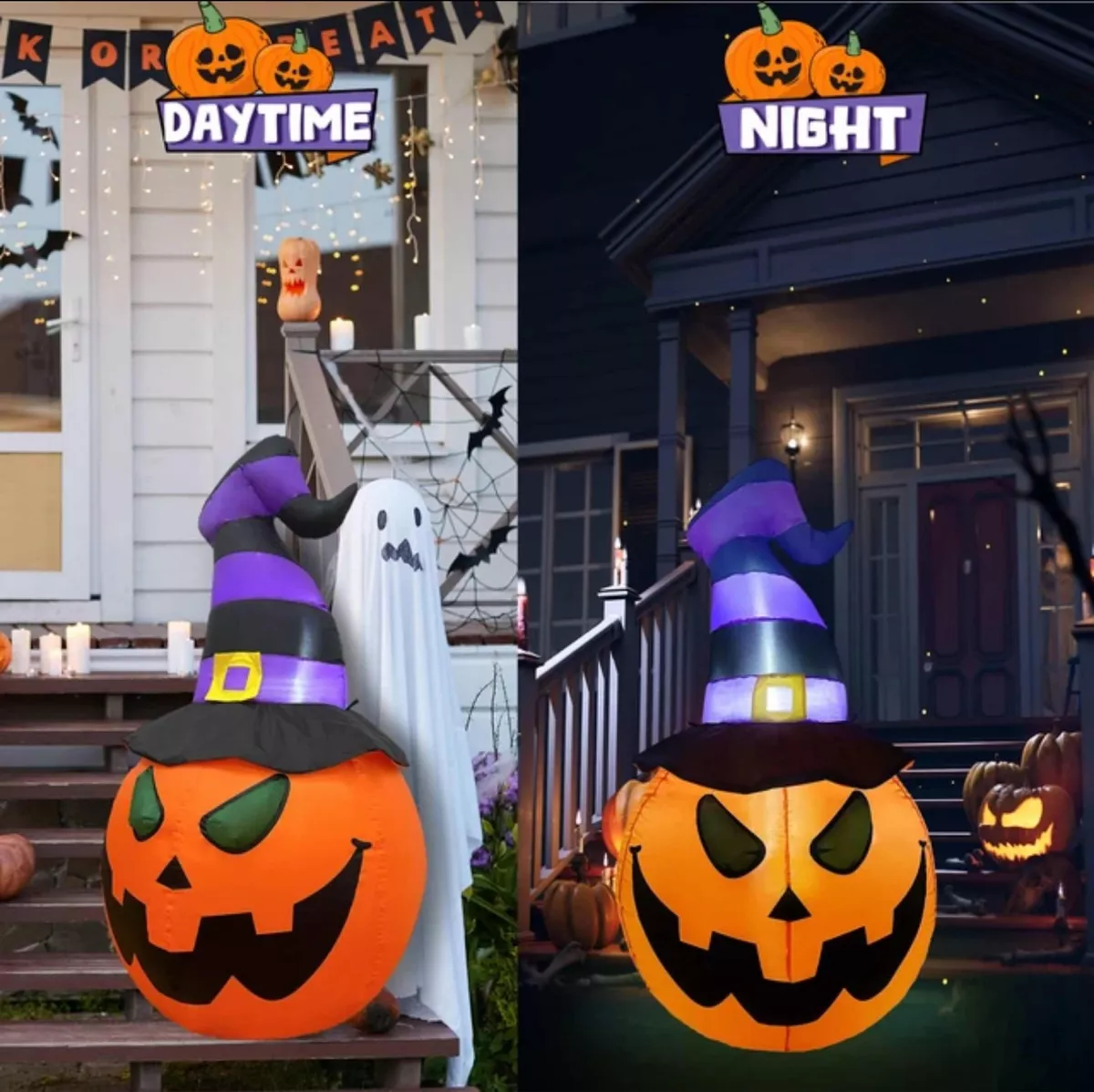 CALABAZA HALLOWEEN INFLABLE LED GIGANTE SOMBRERO BRUJA 180CM - 5