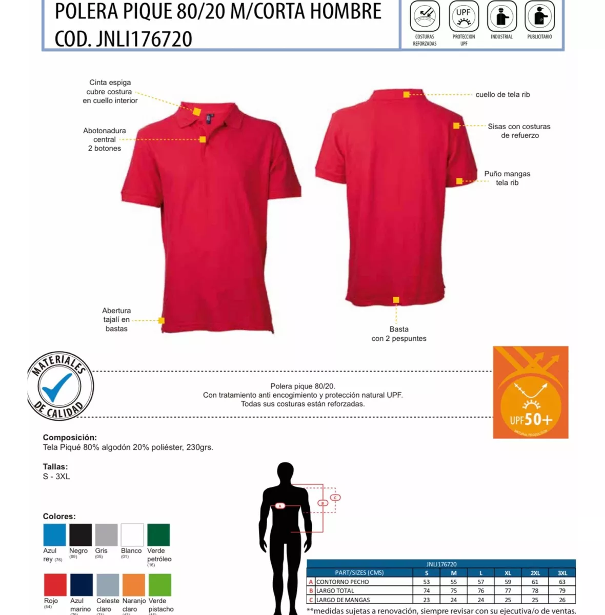 PIQUE POLERA HOMBRE MANGA CORTA 100% ALGODÓN CUELLO POLO - 2