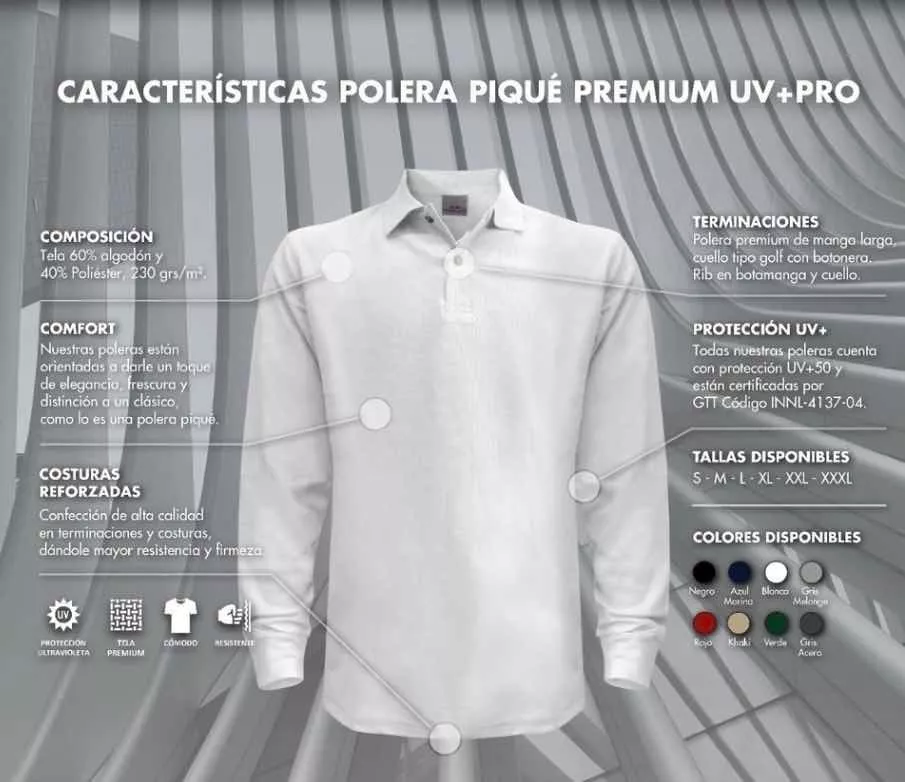 POLERA PIQUE HOMBRE MANGA LARGA 100% ALGODÓN PREMIUM UV UPF - 4