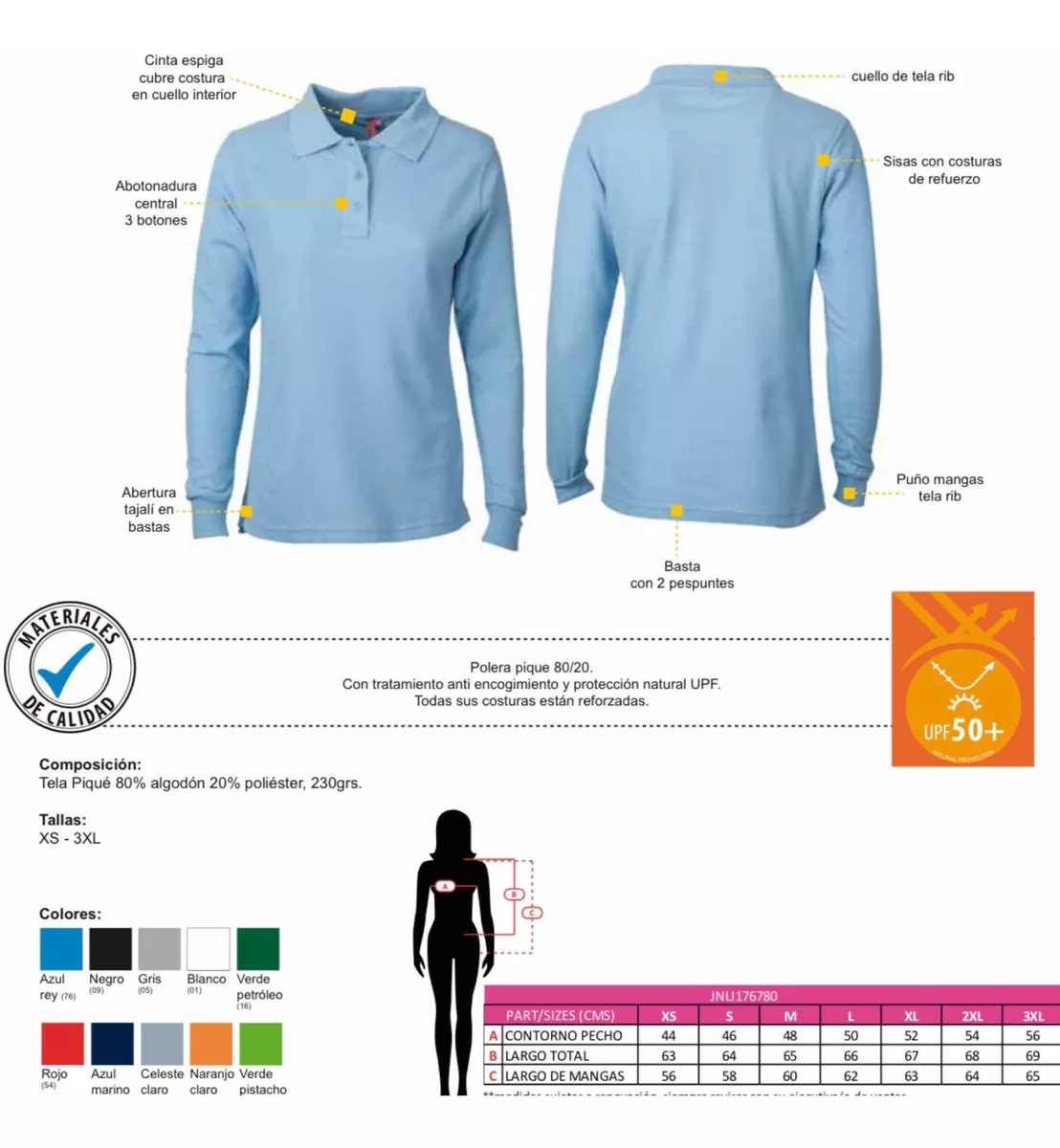 POLERA PIQUE MUJER MANGA LARGA 100% ALGODÓN PREMIUM UV POLO - 3