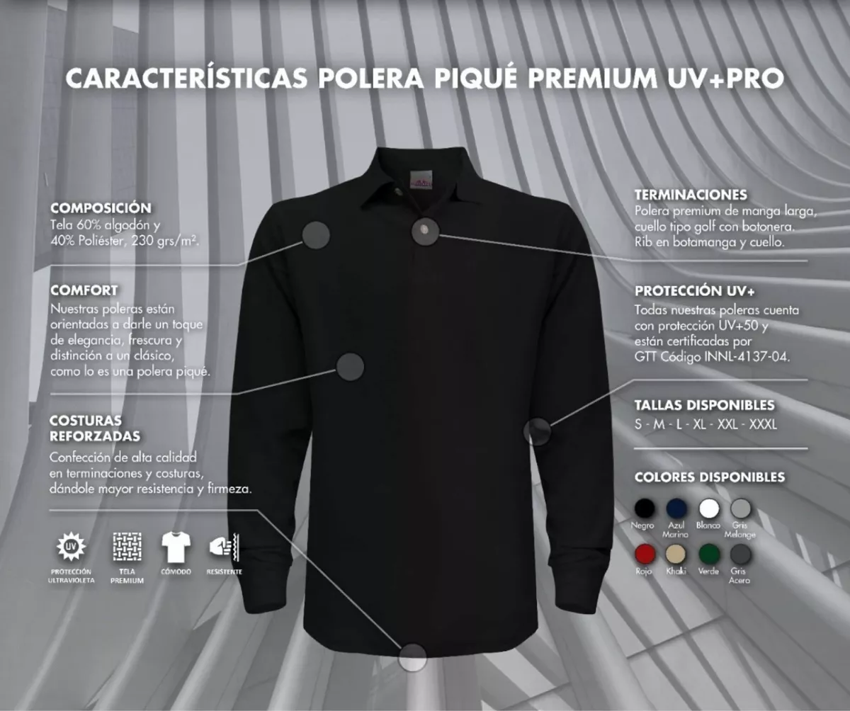 POLERA HOMBRE PIQUE MANGA LARGA 100 % ALGODÓN PREMIUM UV UPF - 4