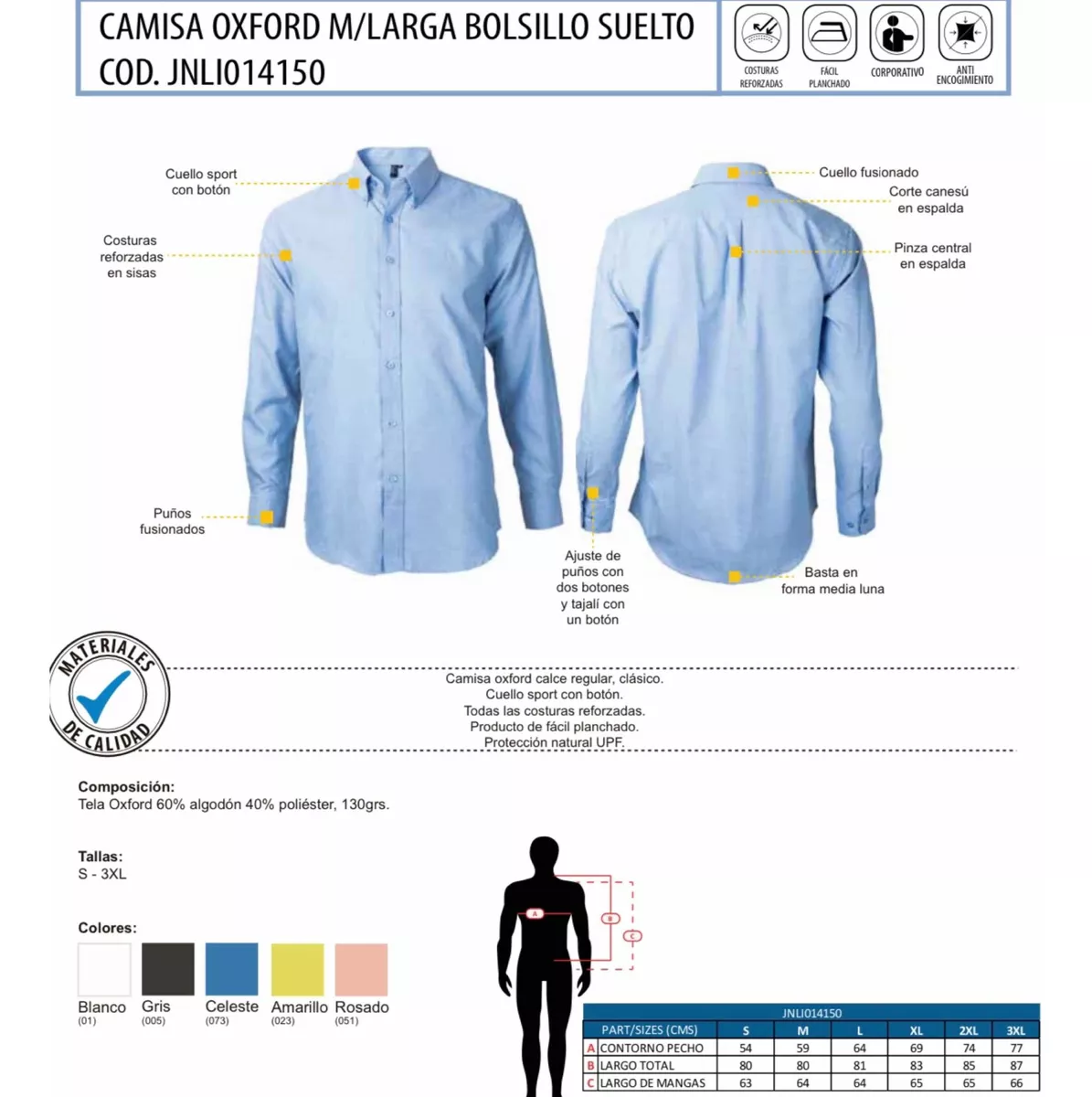 CAMISA PARA HOMBRE MANGA LARGA OXFORD CASUAL UNICOLOR - 2