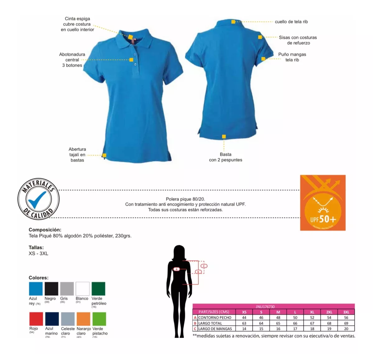 POLERA PIQUE MUJER MANGA CORTA 100% ALGODÓN PREMIUM UV POLO - 2