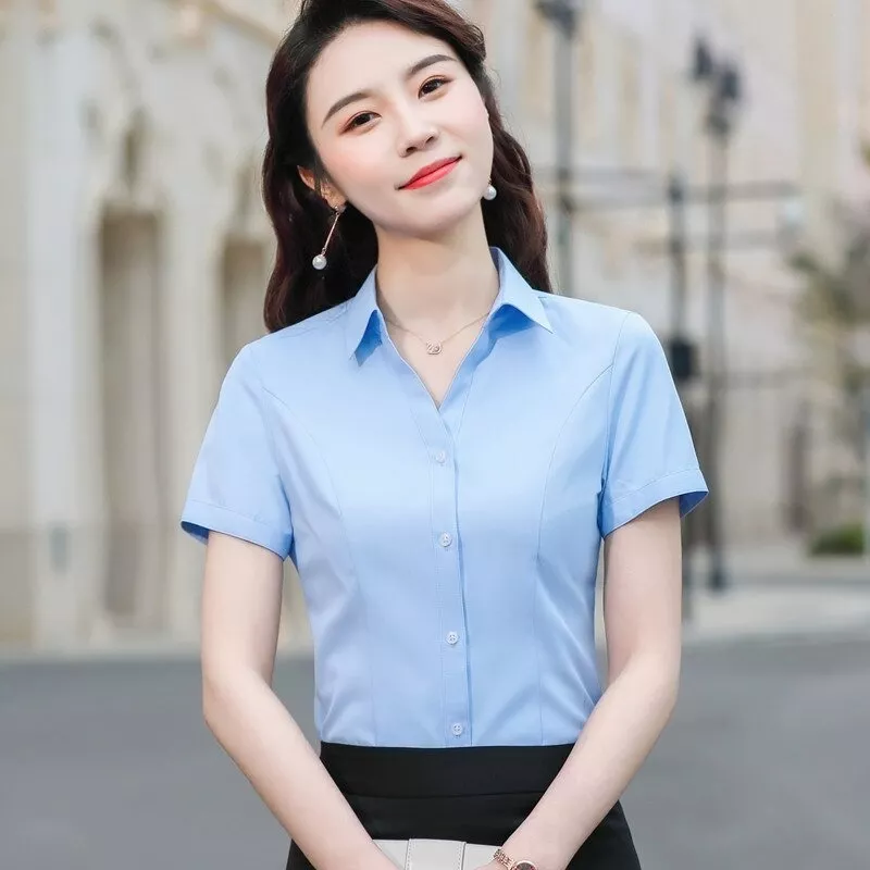 CAMISA MUJER MANGA CORTA OXFORD CUELLO EN V BLUSA ALGODÓN - 1