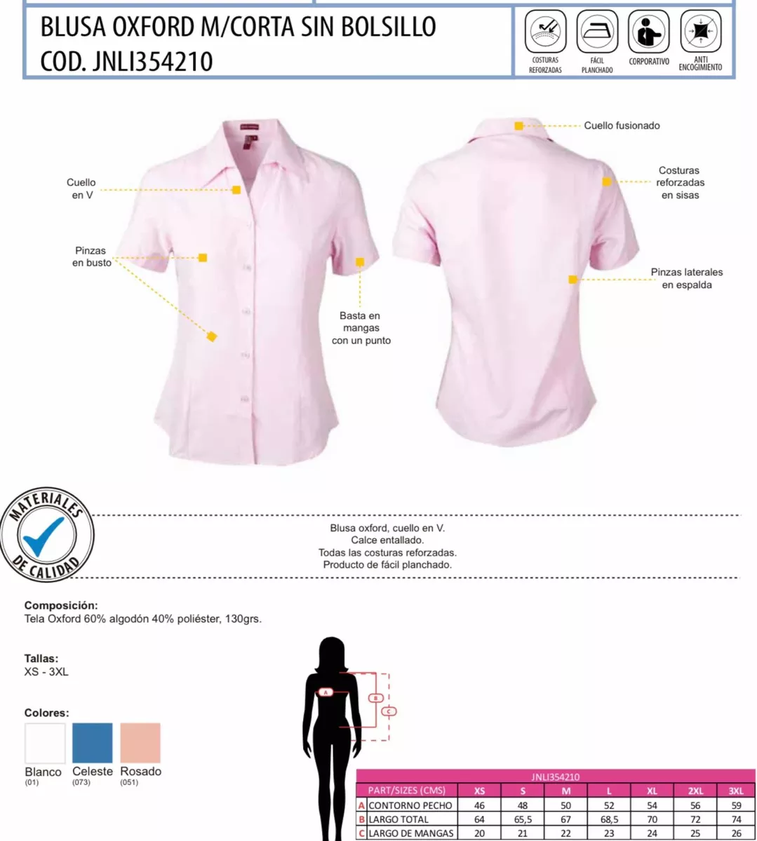 CAMISA MUJER MANGA CORTA OXFORD CUELLO EN V BLUSA ALGODÓN - 4