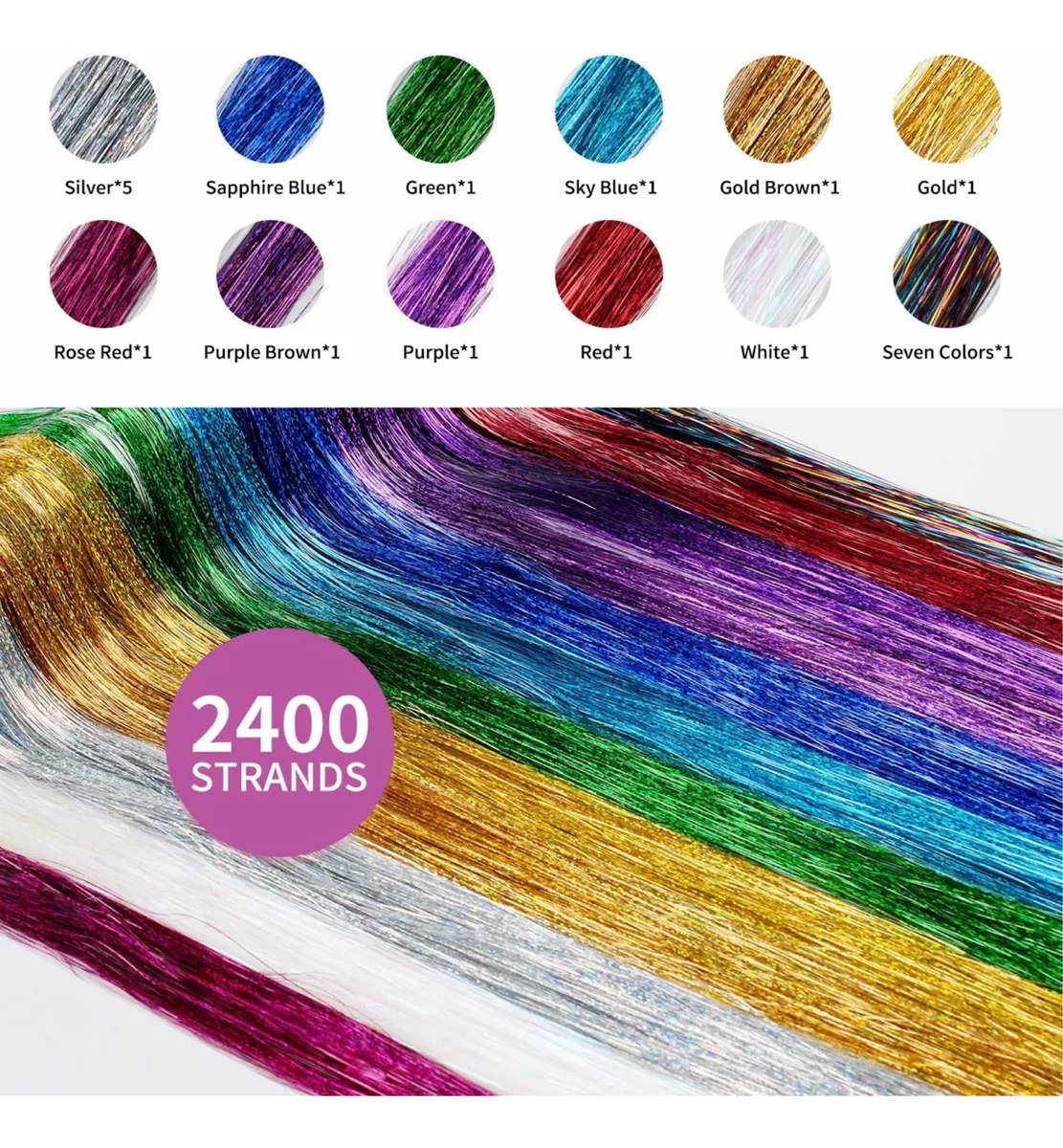 PACK X12 EXTENSIONES CABELLO SINTÉTICO GLITTER HAIR METÁLICO 50 CM - 2