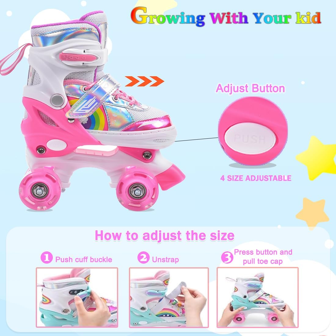 KIT PATINAJE PARA NIÑA PATINES LED CON PROTECCIÓN UNICORNIO - 3