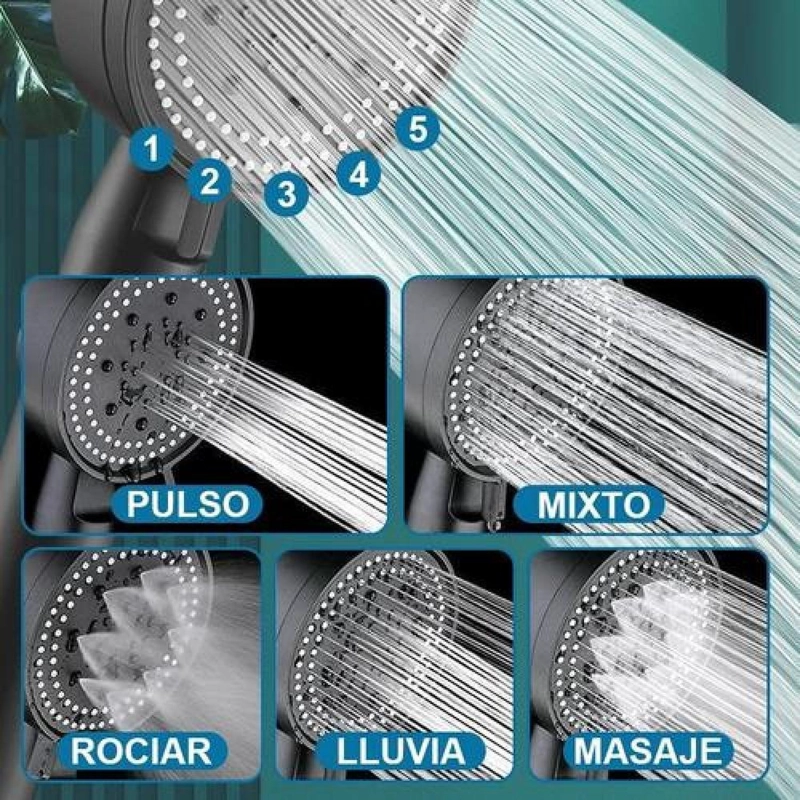 SET CABEZAL DE DUCHA 6 MODOS ACCESORIOS MANGUERA Y SOPORTE - 4