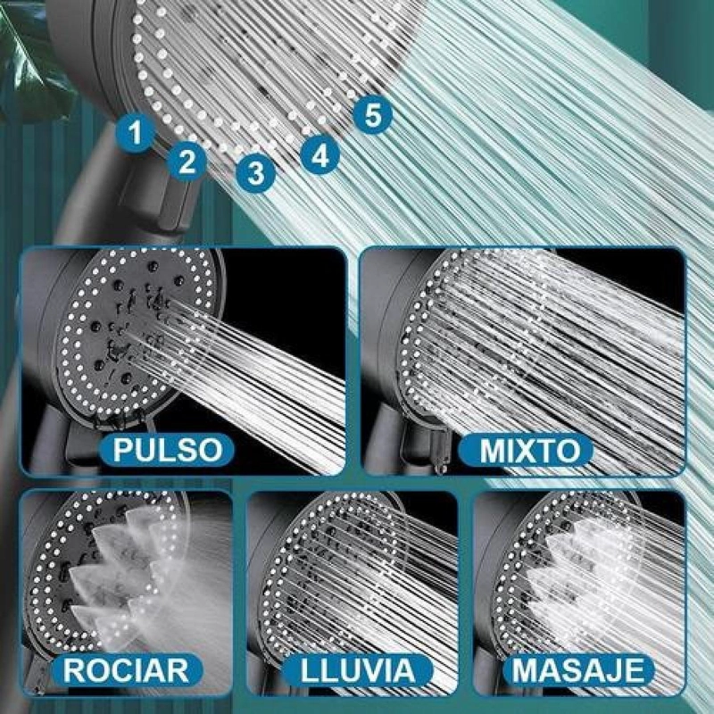 SET CABEZAL DE DUCHA 6 MODOS ACCESORIOS MANGUERA Y SOPORTE - 5