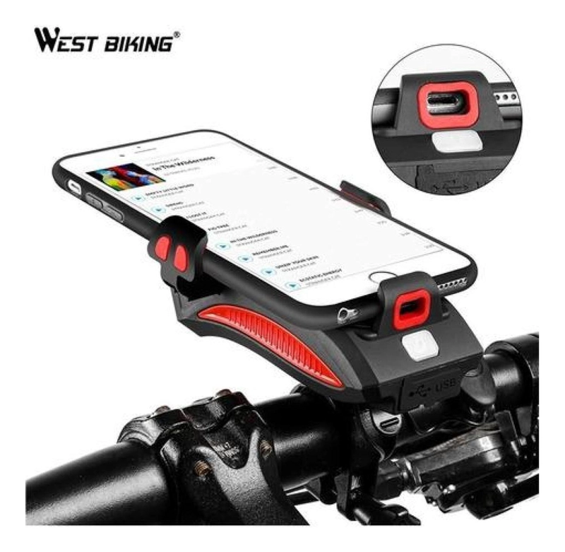 LUZ BOCINA WEST BIKING PORTA CARGA CELULAR BICICLETA DELANTERA FOCO USB - 6