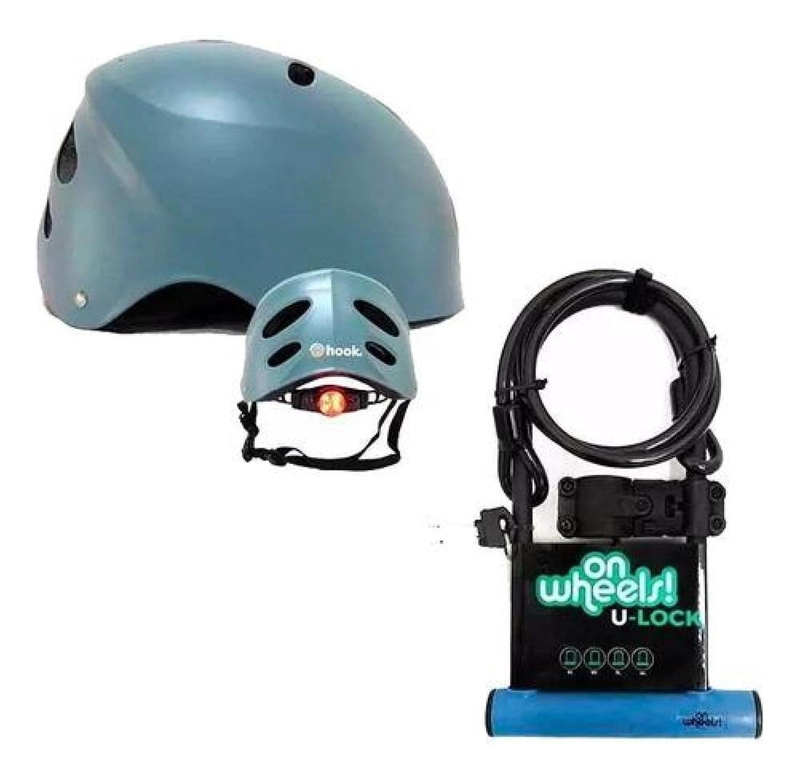 SET CASCO STREET HOOK CON LUZ + CANDADO LARGO TIPO U + PIOLA GRIS TAMAÑO L - 1