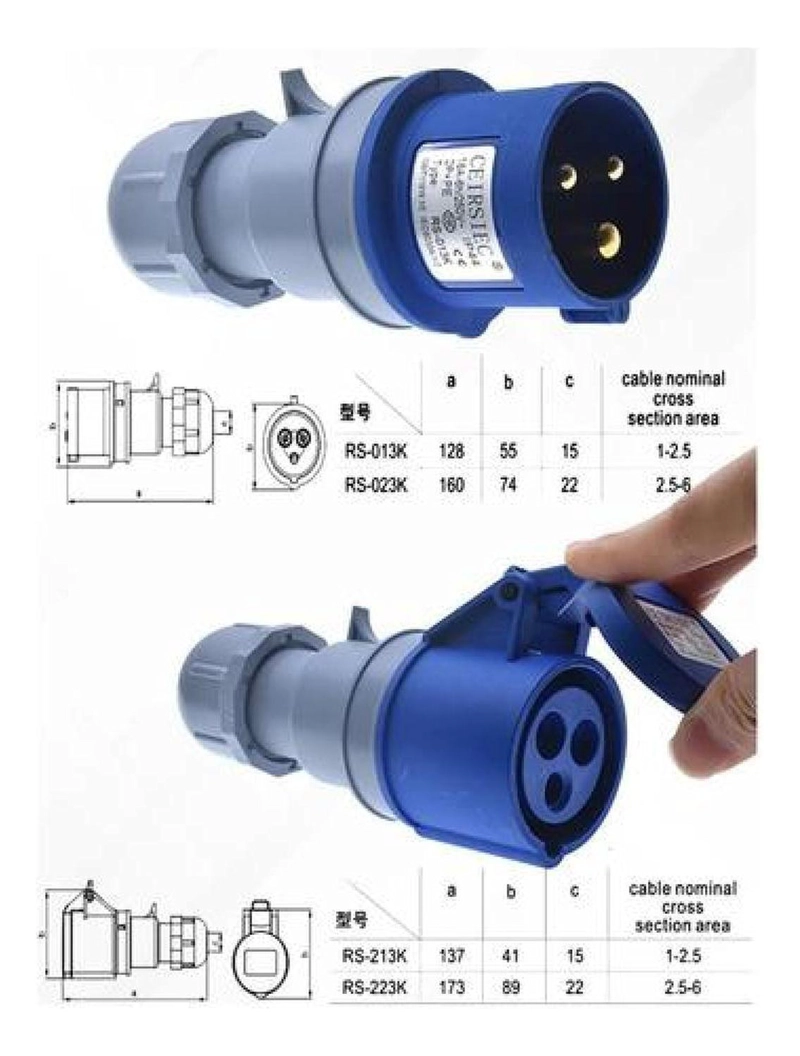 SET ENCHUFE AZUL INDUSTRIAL MACHO Y HEMBRA 3PINES 16A - 8