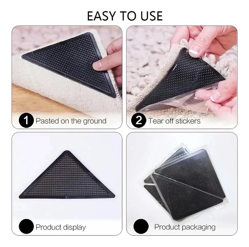 SUJETADORES ANTIDESLIZANTES ALFOMBRA REUTILIZABLES 4PCS NEGRO ANTIDESLIZANTE TRIANGULAR - 4
