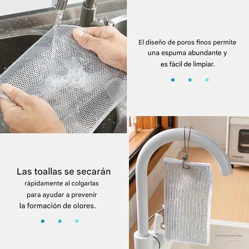 PACK 10 PAÑO FIBRA METALICA REUSABLE LIMPIEZA COCINA 30X30CM GRIS - 2