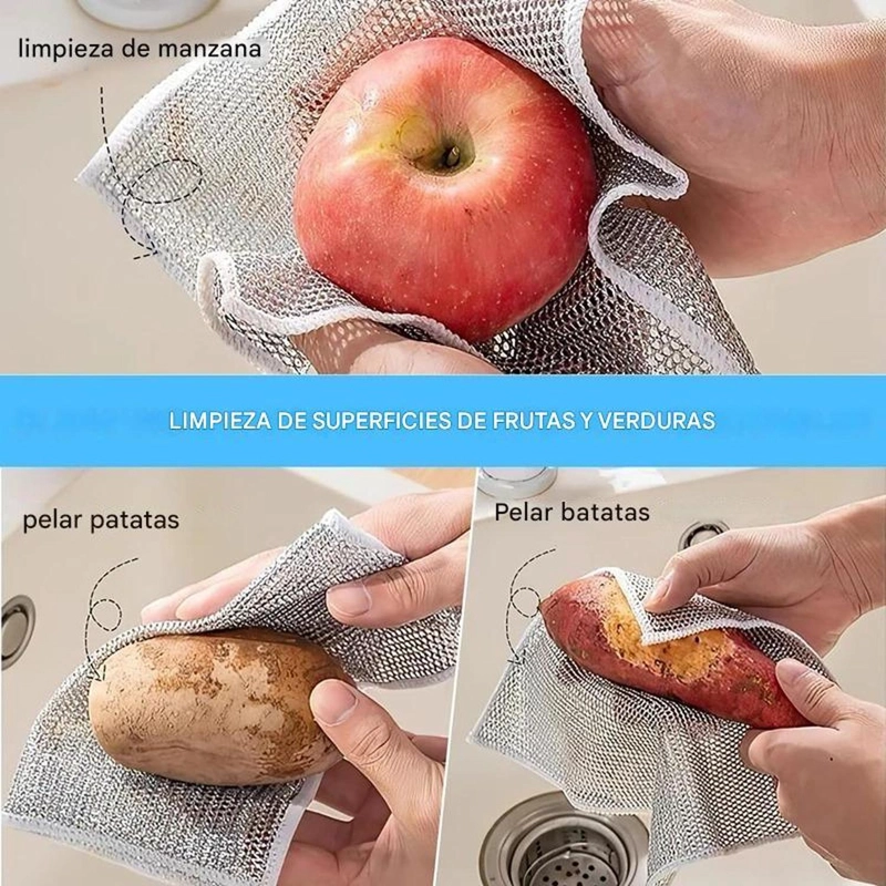 PACK 10 PAÑO FIBRA METALICA REUSABLE LIMPIEZA COCINA 30X30CM GRIS - 3