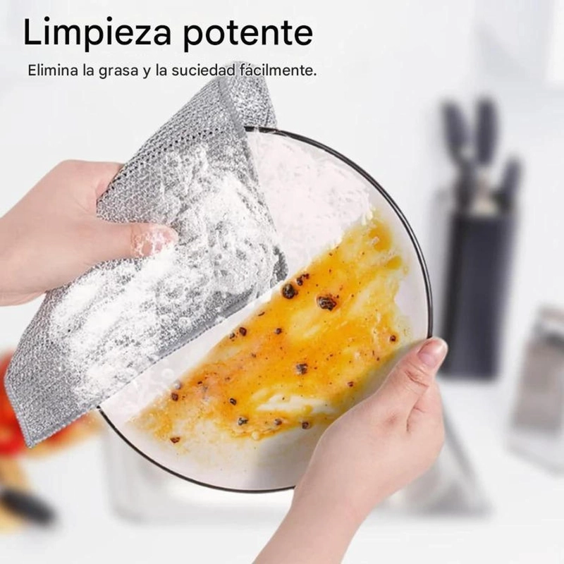 PACK 10 PAÑO FIBRA METALICA REUSABLE LIMPIEZA COCINA 30X30CM GRIS - 5