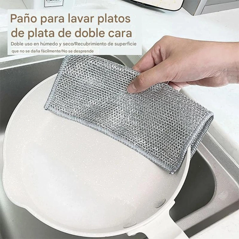 PACK 10 PAÑO FIBRA METALICA REUSABLE LIMPIEZA COCINA 30X30CM GRIS - 8