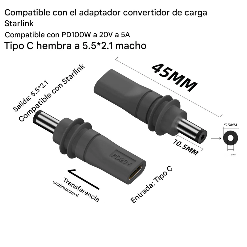 ADAPTADOR CABLE STARLINK MINI TIPO C A DC 5.5X2.1 100W TIPO C - JACK DC - 6