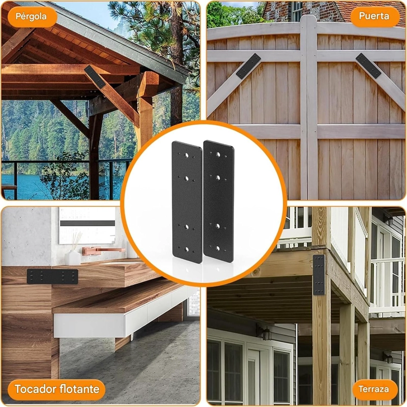 PLACA UNIÓN RECTA ACERO NEGRA VIGAS MADERA PÉRGOLA 25.4CM X2 - 3