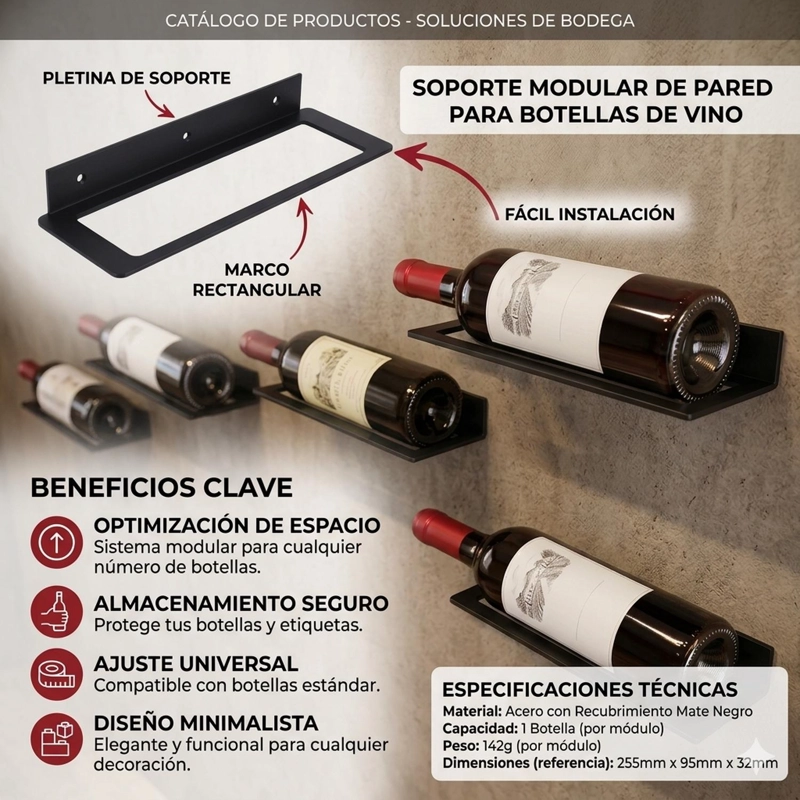 SOPORTE MURO BOTELLA DE VINO RACK METALICO CAVA FLOTANTE - 7