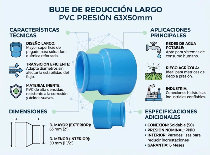 PACK 2 REDUCCION PVC PRESION LARGA 63X50MM PN10 CELESTE - 3
