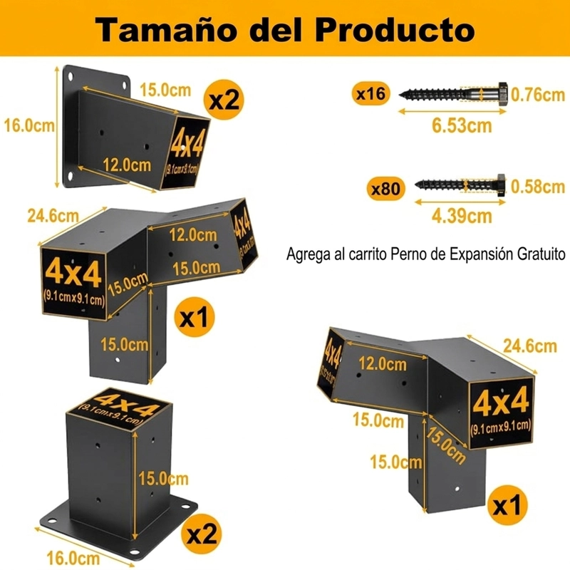KIT SOPORTES PE RGOLA 3 VIAS 9X9CM ACERO INCLINADO 15 GRADOS - 3