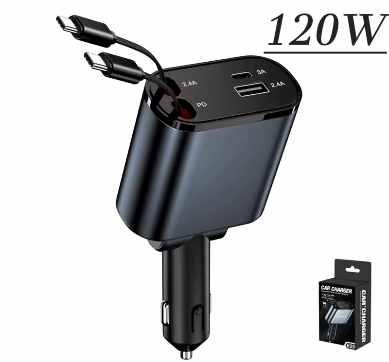 CARGADOR AUTO USB 4 EN 1 CON CABLES RETRACTIL - 1