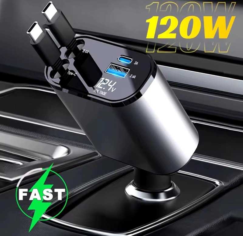CARGADOR AUTO USB 4 EN 1 CON CABLES RETRACTIL - 2