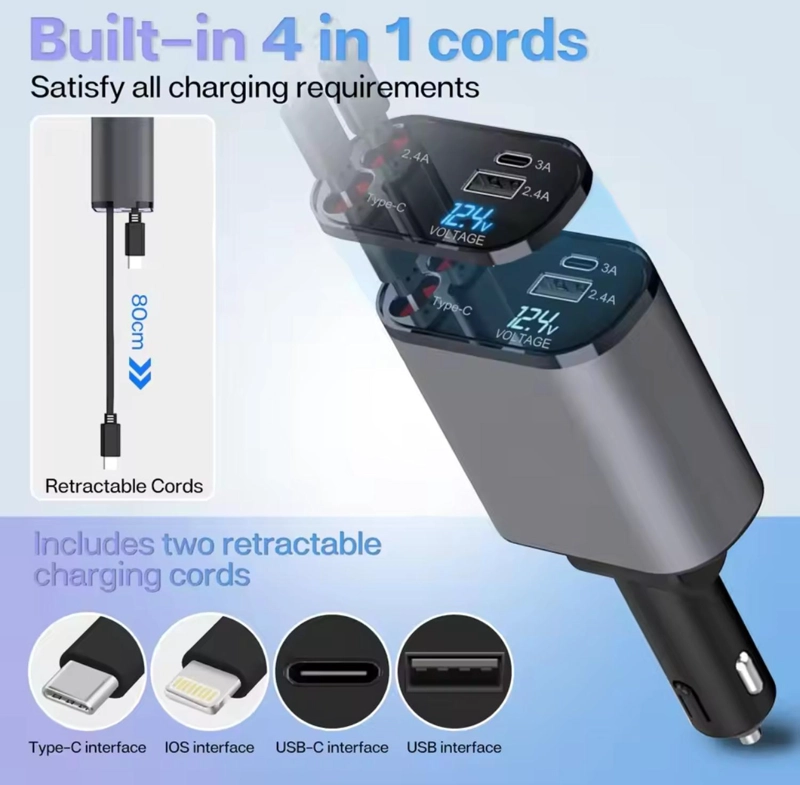 CARGADOR AUTO USB 4 EN 1 CON CABLES RETRACTIL - 3