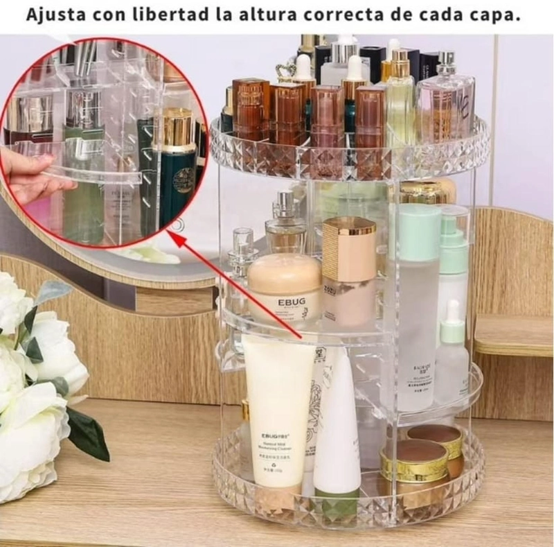 ORGANIZADOR DE MAQUILLAJE GIRATORIO 360º ACRILICO TRANSPARENTE AJUSTABLE - 3