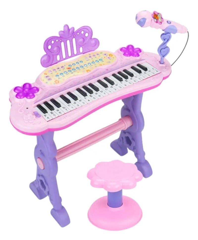 TECLADO PIANO MUSICAL CON MICROFONO Y SILLA PARA NIÑOS CON LUCES Y SONIDO - 1