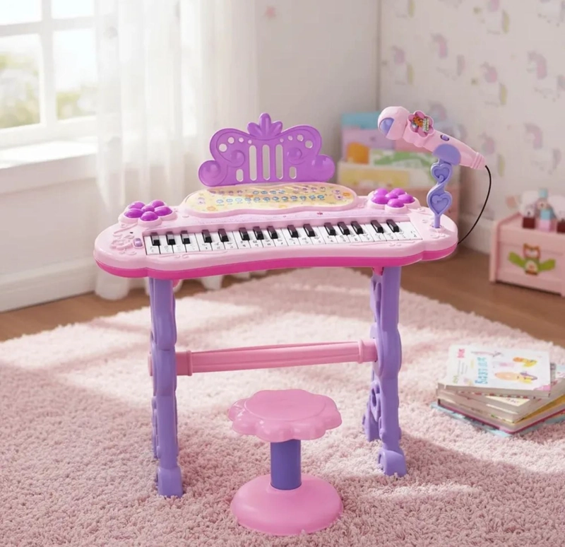 TECLADO PIANO MUSICAL CON MICROFONO Y SILLA PARA NIÑOS CON LUCES Y SONIDO - 2