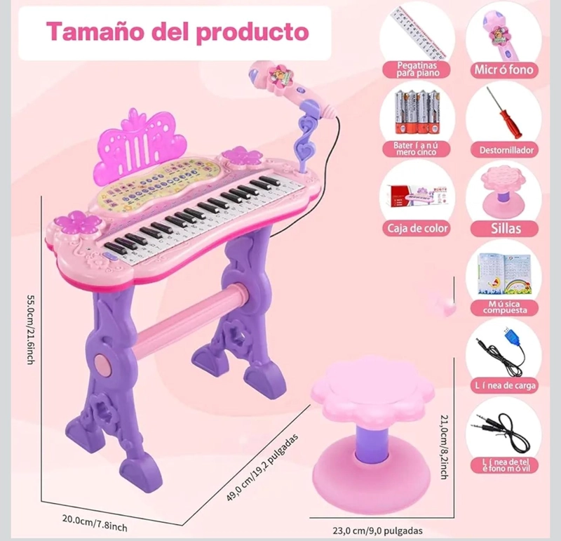TECLADO PIANO MUSICAL CON MICROFONO Y SILLA PARA NIÑOS CON LUCES Y SONIDO - 3